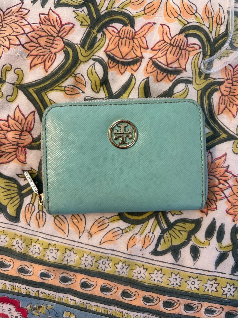 Tory Burch Light Mint Saffiano Zip Card Case